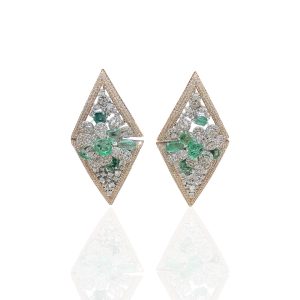 Geometric diamond earrings with emerald floral cluster in rose gold