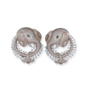 Rose gold diamond elephant earrings by Sumeet Gems with emerald eyes and pear-shaped diamond drops