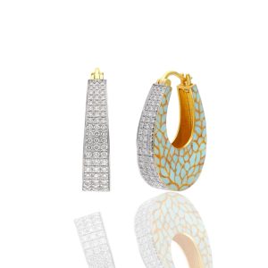 Modern enamel and diamond hoop earrings featuring turquoise detailing and pavé diamonds.