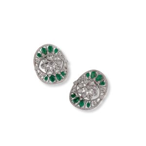 Diamond and emerald circular earrings featuring Zambian emeralds arranged in a halo design set in white metal.