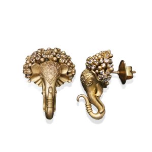 Matte gold elephant head stud earrings by Ranka Jewellers inspired by temple jewellery design