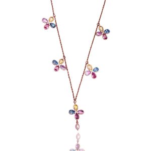 Lightweight gold chain necklace featuring small multicoloured gemstone floral motifs and a pearl drop.