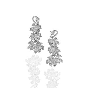 Long layered floral diamond drop earrings in white gold