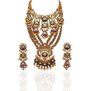 Multi colour enamel and gemstone gold necklace displayed against black background