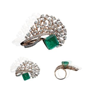 Rose gold diamond ring with large rectangular emerald centre stone