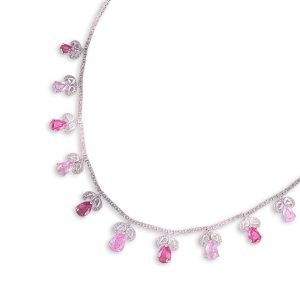 Delicate diamond necklace with pink pear-shaped gemstones evenly spaced along a slim chain.