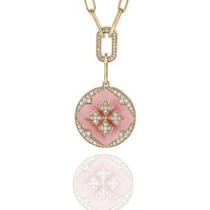 Gold pendant necklace with pink opal center surrounded by diamond accents on a chunky gold chain.