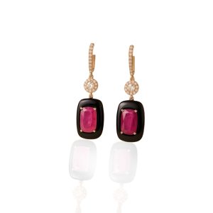 Drop earrings with rectangular pink rubies set inside glossy black frames, suspended from diamond hoops.