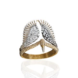 Swan motif diamond bracelet in yellow and white gold with pavé diamonds
