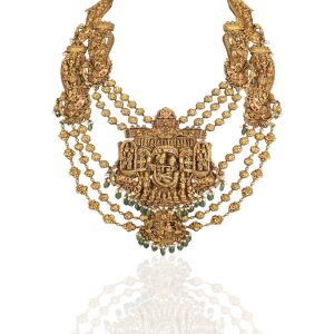 Temple gold necklace with deity carvings and antique finish by Batukbhai Jewellers.