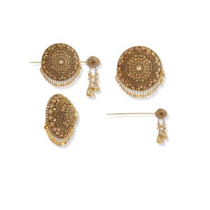 Antique finish circular gold temple hair pin by Navrattan Jewellers with high relief carvings and structured bead danglers.