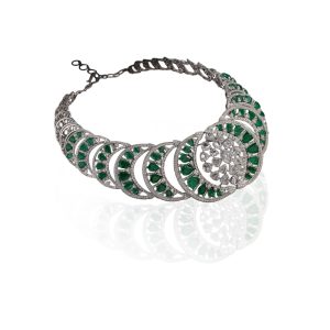 Emerald and diamond statement necklace by Omara Fine Jewellery featuring circular emerald accents.
