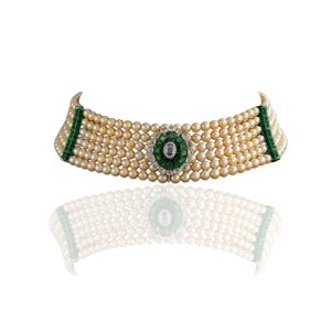 Layered pearl choker with Zambian emerald centre and diamond detailing by Omra Fine Jewellery.