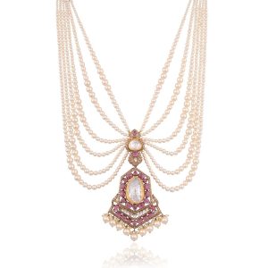 Multi layer pearl necklace with large pink gemstone and polki style pendant by P C Totuka & Sons.