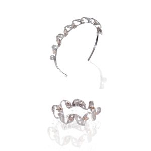 Close up of diamond vine headband by Popley Diamond and Gold Plaza, featuring articulated leaf motifs set in white metal.