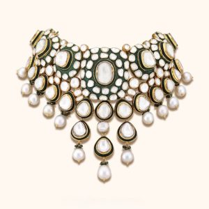 High bridal polki necklace with green enamel work and pearl drops on a cream background with red text reading High Bridal Jewellery.