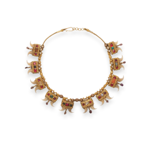 Tiger claw inspired puli goru gold necklace with coloured gemstones by Sanjay Gupta World.
