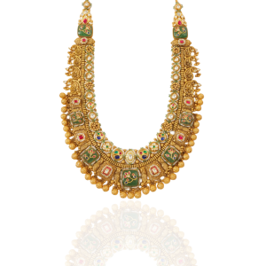 Elaborate raani haar gold necklace with green enamel motifs by Punjab Jewels.