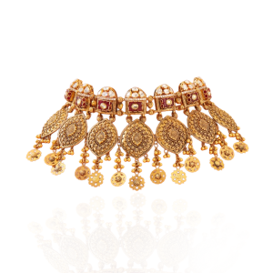 Ornate antique gold choker with temple motifs and hanging charms by S S Jewellers.