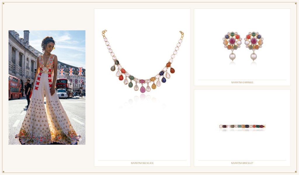 Navratna necklace with pearl fringe earrings and rectangular gemstone bracelet by P C Totuka & Sons