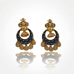 Blue meenakari enamel gold earrings with intricate dangling details from AJB Fine Jewels’ latest gold jewellery collection.