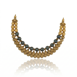 Gold necklace with textured drop motifs and blue meenakari beads from AJB Fine Jewels’ latest jewellery collection.