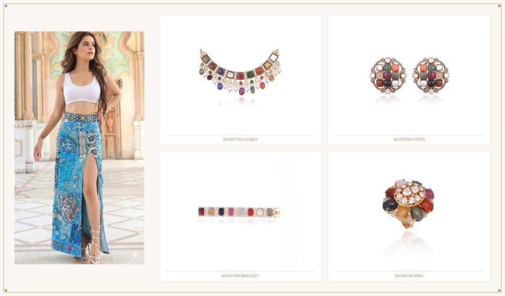 Pearl navratna choker with matching stud earrings, gemstone bracelet and navratna statement ring by P C Totuka & Sons