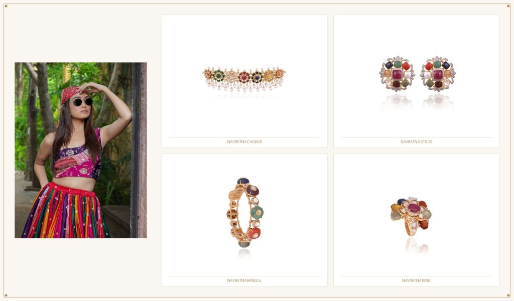 Structured navratna necklace with diamond accented floral earrings, gemstone ring and navratna bangle by P C Totuka & Sons