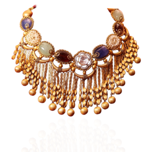 Multi gemstone gold necklace with cascading gold chains by Sumeet Jewellers.