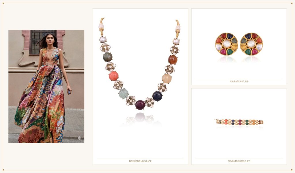 Long cabochon navratna necklace with circular stud earrings and rectangular gemstone bracelet by P C Totuka & Sons