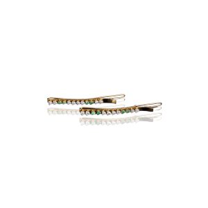 Sleek gold hair pin by VCJ Bespoke Jewellery featuring alternating emerald and diamond settings in a minimal linear design.