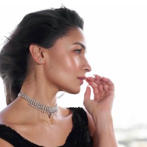 Alia Bhatt wearing minimal diamond choker by Sanjay Gupta World with black dress