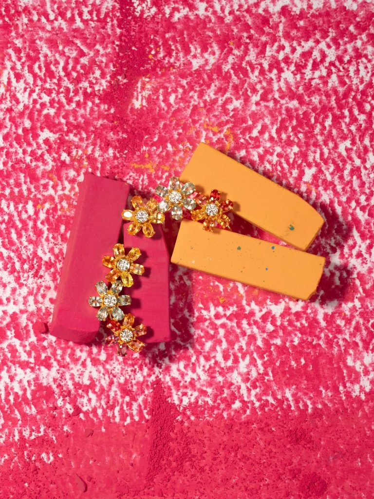 Floral gemstone earrings by R Narayan Jewellers and diamond floral necklace by Irasva Fine Jewellery styled for summer