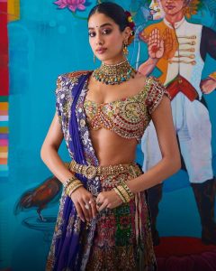 Janhvi Kapoor wearing multicolour traditional choker, bangles and earrings by Jagdish Jewellers in a bridal look