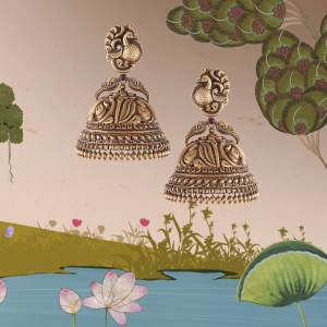 Antique peacock motif gold jhumka earrings by Mahesh Notandass