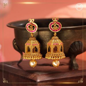 Classic gold jhumka earrings with structured design by Malabar Gold and Diamonds