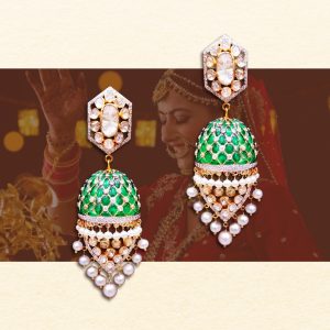 Bridal polki jhumka earrings with emerald and pearl drops by Mehta Emporium Jewellers
