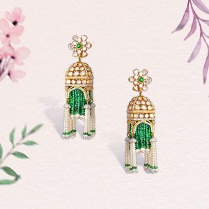 Pearl curtain jhumka earrings with green beads by Mehta Emporium Jewellers