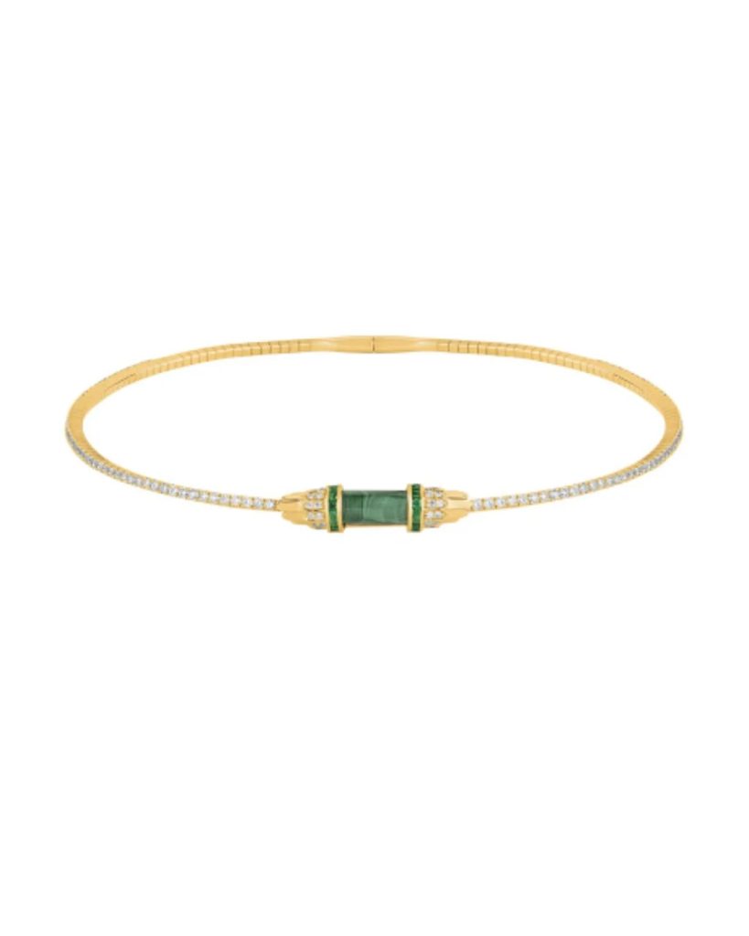 Gold malachite choker by Mirari Jewels paired with sleek diamond bangle by Chheda Jewellers