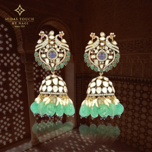 Peacock polki jhumka earrings with emerald drops by Nagi Jewellers