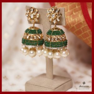 Emerald bead jhumka earrings with pearl drops by Navrattan Jewellers