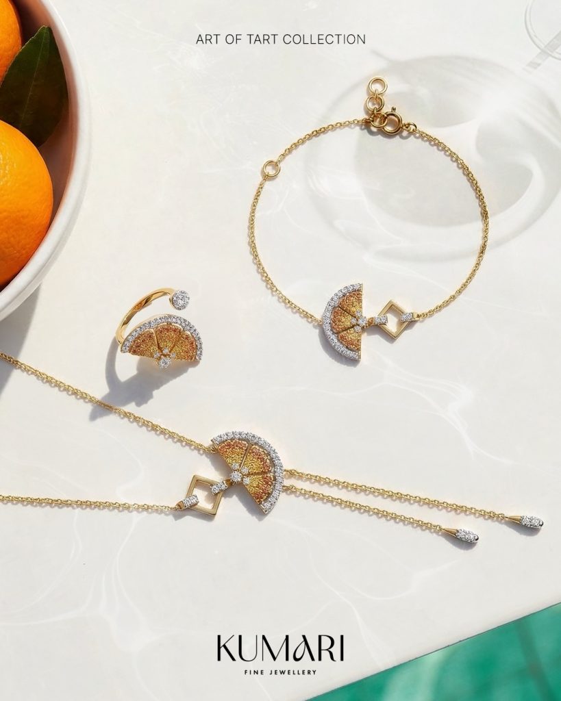 Citrus inspired diamond jewellery by Kumari Fine Jewellery with playful gold jewellery by Malabar Gold and Diamonds