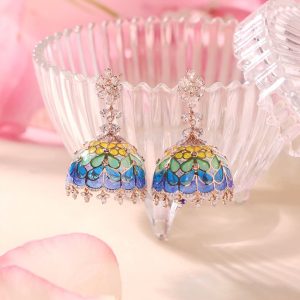 Pastel enamel jhumka earrings with multicolor detailing by Sumeet Jewellers