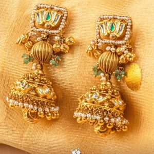Antique temple gold jhumka earrings by Suvarnam Jewels