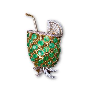 Emerald and diamond cocktail brooch for men in gold by AJB Fine Jewels