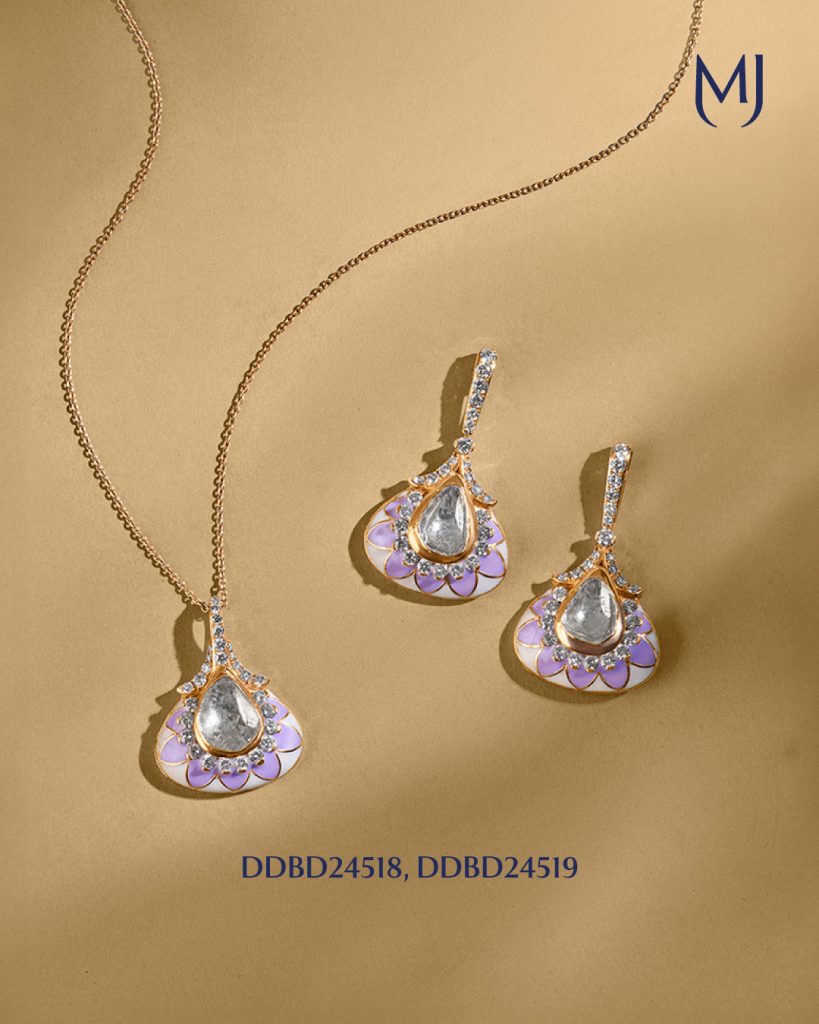 Diamond drop earrings by Dhirsons Jewellers and polki pendanr set by Manubhai Jewels for summer styling