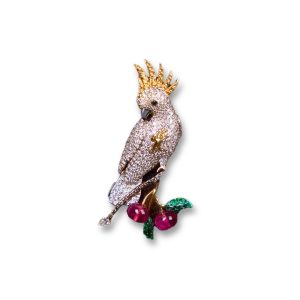 Luxury parrot brooch for men with diamonds, rubies and emeralds by AJB Fine Jewels