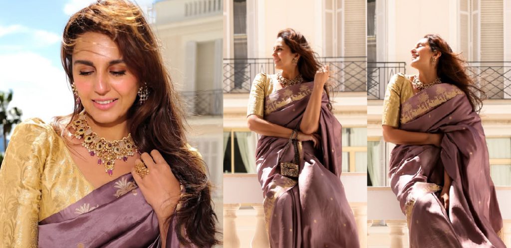 Huma Qureshi in a lavender Banarasi saree styled with a traditional Polki necklace, matching earrings and statement ring by Amrapali Jewels at Cannes 2026.