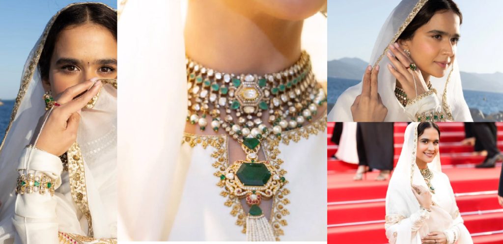 Roopi Gill in an ivory embroidered ensemble styled with statement Polki, emerald and pearl jewellery inspired by Punjabi heritage at Cannes 2026.