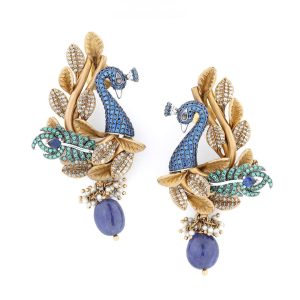 Peacock motif gemstone and diamond statement earrings by AJB Fine Jewels